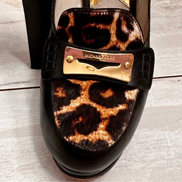 Michael Kors Womens Sz 8 1/2 M Tierlyn Blk Platform Heel Shoes Leopard Print Toe - Picture 3 of 13